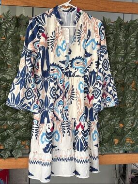 Printed Midi Dress in Navy & Cream - Lightweight Tiered Dress (no brand)